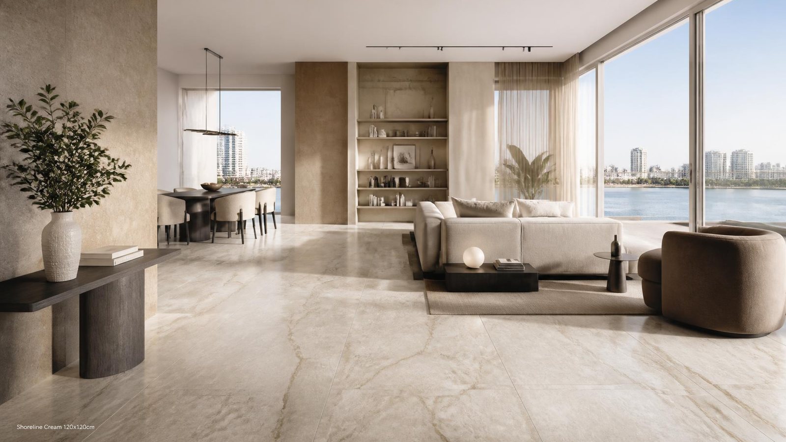 Modern home interior with a coordinated large-format porcelain tile floor