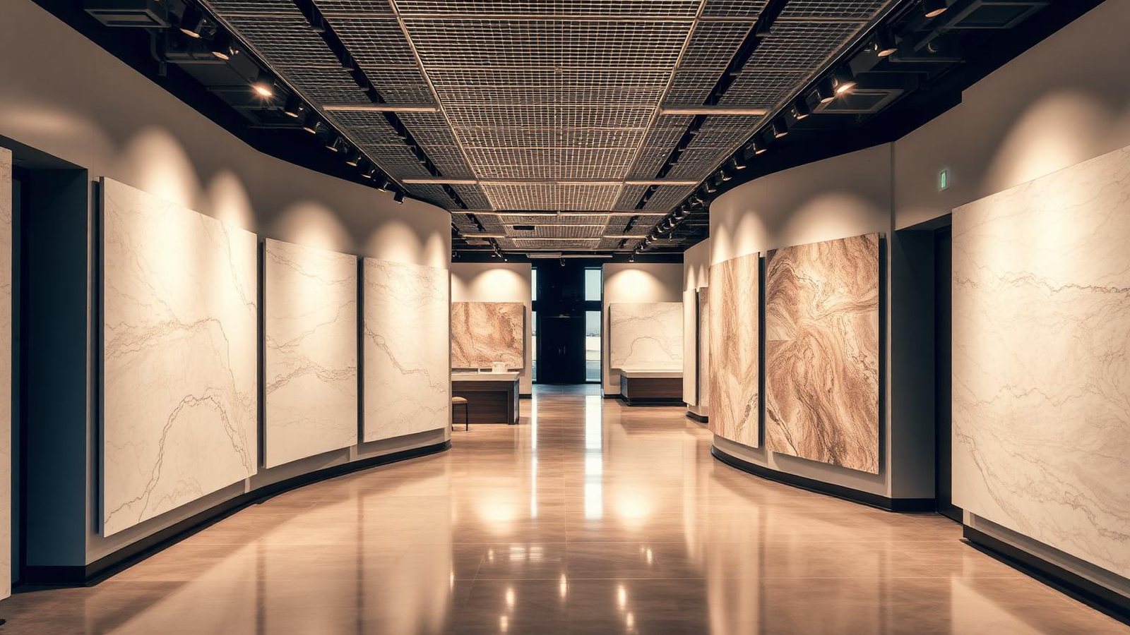 Glizers showroom with full-height porcelain tile display panels
