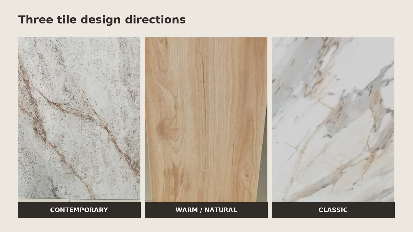 Three Glizers tile design directions: contemporary stone, warm wood and classic marble looks