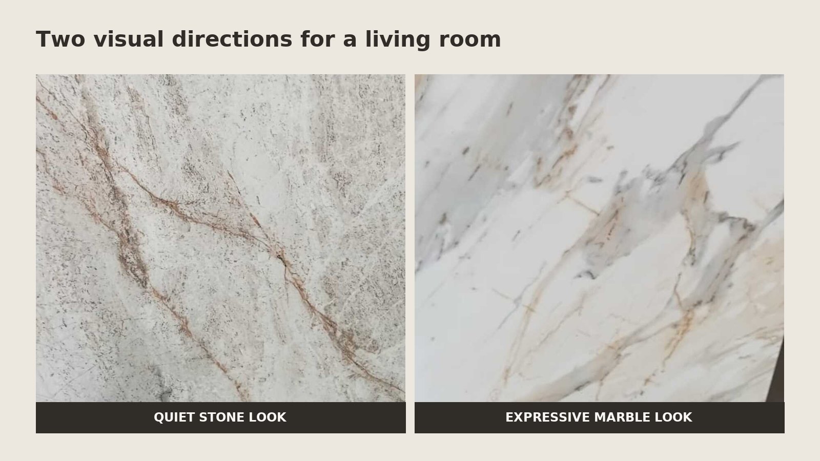Side-by-side comparison of quiet stone-look and expressive marble-look tile surfaces