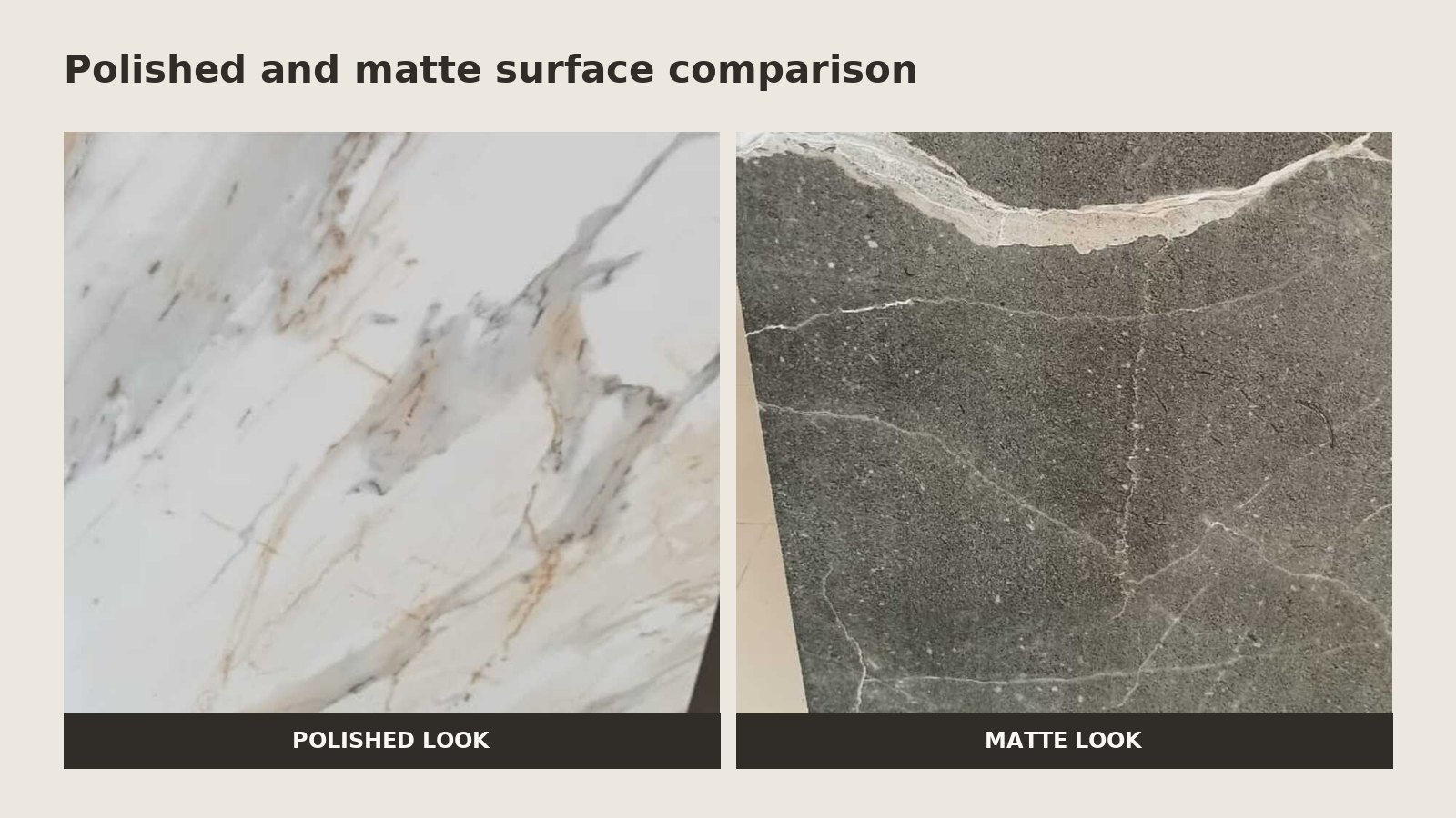 Side-by-side comparison of polished marble-look and matte stone-look tile surfaces
